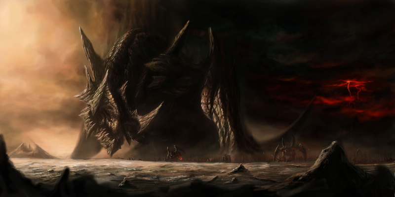 the storm, rocks, army, lightning, water, art, giant, monsters, 1080P