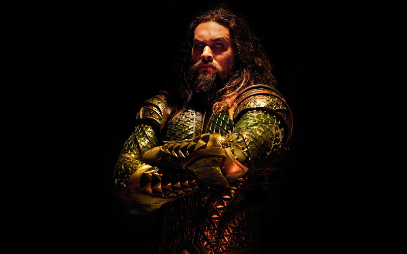 black background, 4K, poster, Justice League, Aquaman, comic, Jason Momoa, Arthur Curry