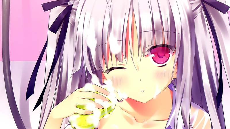 anime, purple, day, close-up, anime girls, one person, pink eyes, 1080P, real people, curtain, soap, purple hair, headshot, indoors, Absolute Duo , bathroom