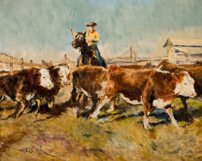 cows, cowboy, PAL Fried, Genre painting, In the barnyard, 2K