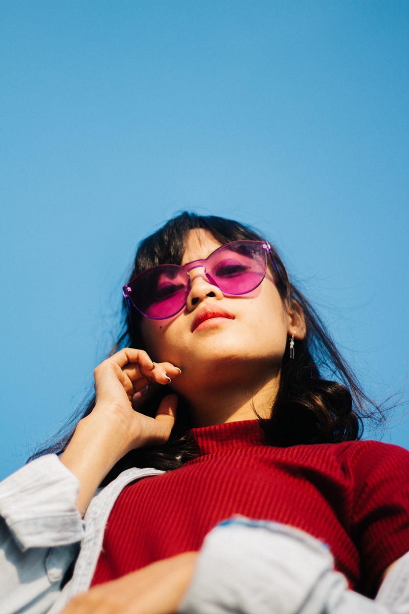 asian, modeling, glasses, mood, headshot, young adult, red, blue, leisure activity, young women, holding, hair, pink, women, 5K, black hair, camera, one person