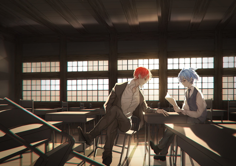two people, young women, assassination classroom, males, adult, three quarter length, indoors, standing, architecture, togetherness, 1080P, communication