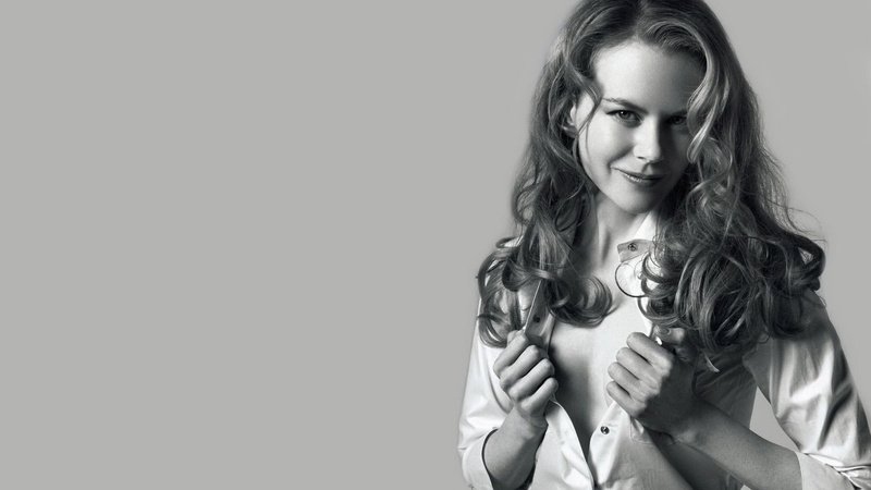Nicole Kidman, curly hair, women, actress, simple background, portrait, smiling, celebrity, monochrome, 1080P
