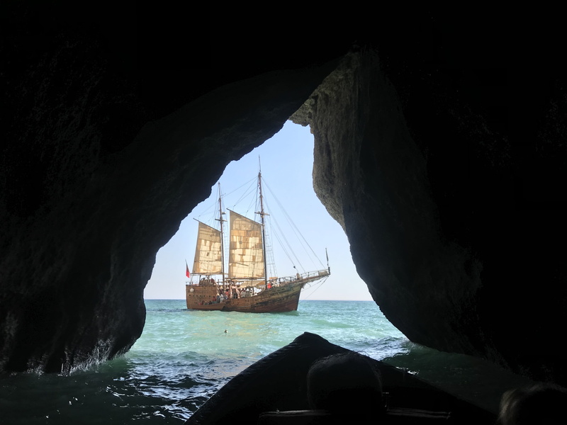 pirate, sailing, coast, ocean, sailboat, architecture, beauty in nature, pirate cave, rock, nautical vessel, nature, portugal, rock - object, no people