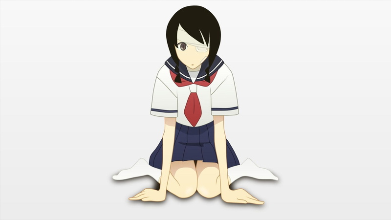 1080P, white, girls, simple, black, sayonara, sensei, brown, skirts, bandaids, hair, sitting, uniforms, bangs, abiru, braids, background, eyepatch, anime