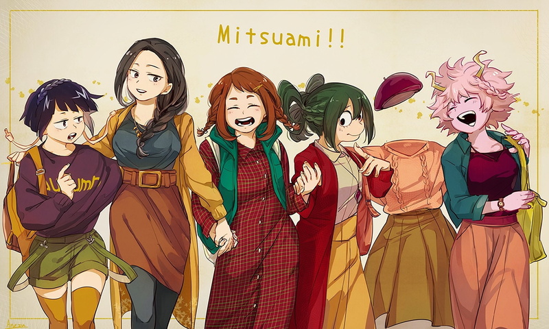 Belt, fun, Smile, clothing, mammal, Black Hair, Toru Hagakure, multi colored, creativity, Skirt, three quarter length, male likeness, Ochaco Uraraka, representation