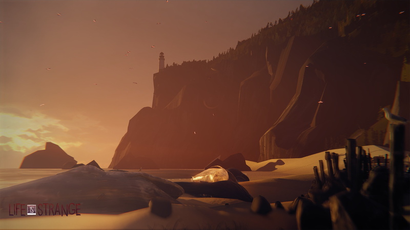 Lighthouse, Arcadia Bay, water, sunset, Whale, sand, Life Is Strange, 4K, rock, beach, Seagulls