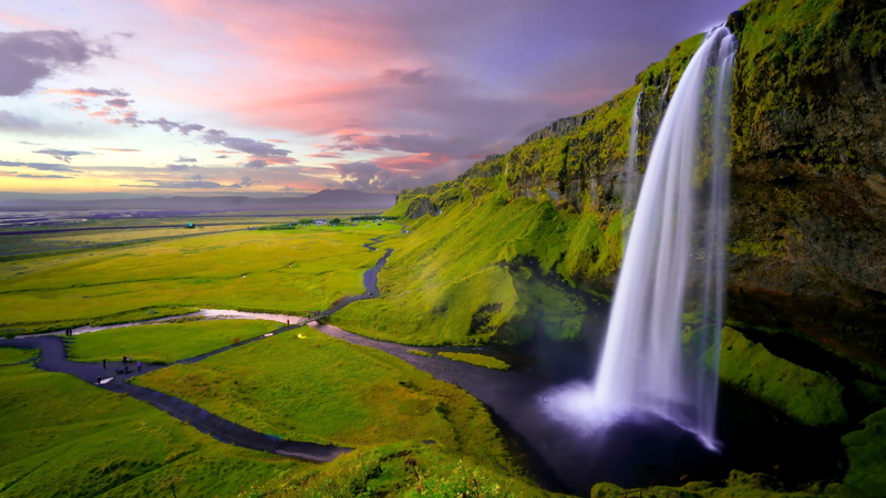 sky, sunset, rocks, waterfall, outdoors, land, seljalandsfoss, iceland, landscape, water, non-urban scene, flowing, river, mountain, beauty in nature, motion