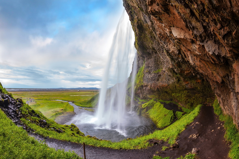 Seljalandsfoss, waterfall, Iceland, greens, grass, rock, 4K, moss, stones
