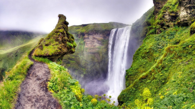 spectacular, waterfalls, hdr, 1080P, waterfall, grass, nature and landscapes, mountain, mountains, cliff