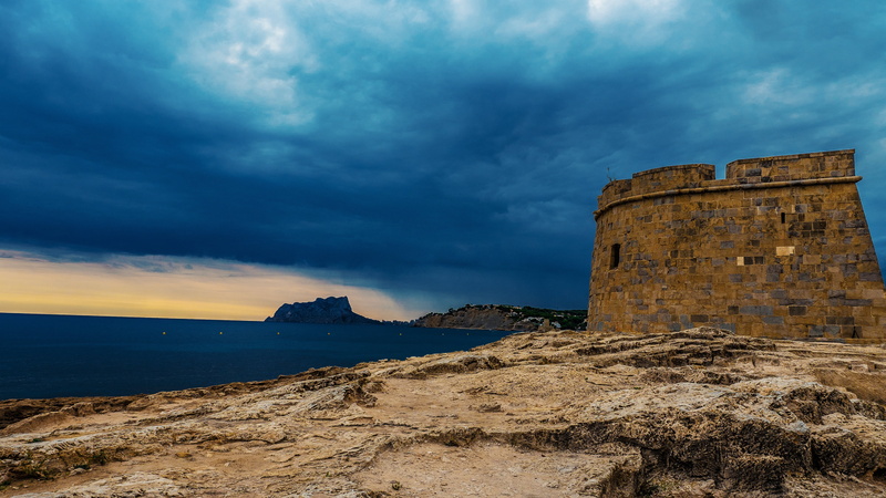 nature, building, castle, ruined, beach, land, coast, built structure, no people, spain, sea, travel destinations, ancient, palmtree, water, wall, ocean