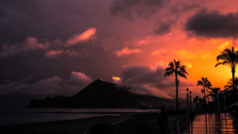 spain, land, cloud - sky, 4K, equinox, sky, water, mountain, outdoors, surrealistic, sunset, beauty in nature, palm tree, power in nature, volcanic crater