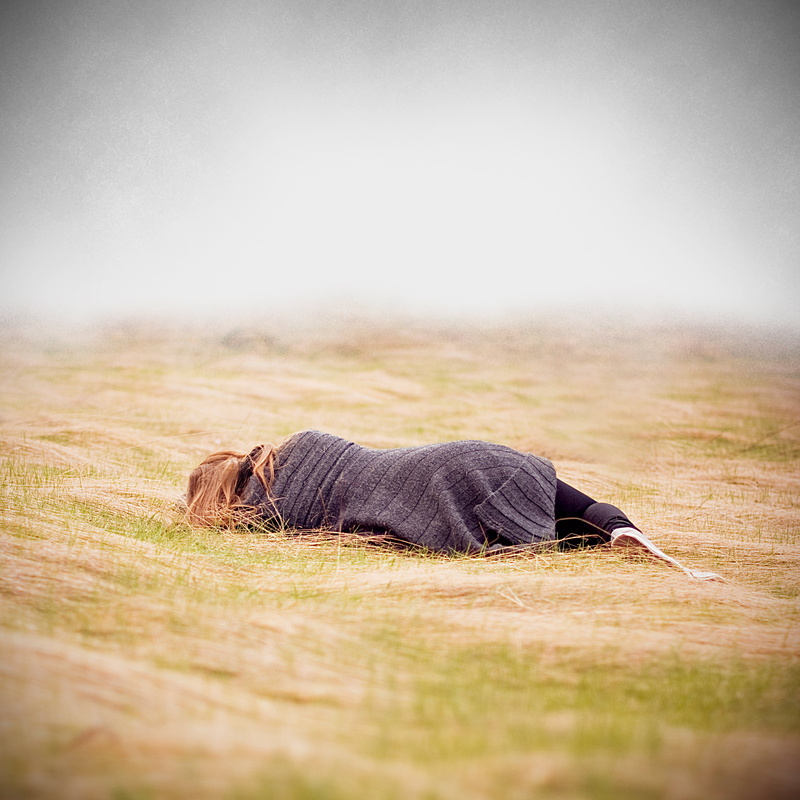 spring, girl, fallen, grass, Bitola, women, pants, surrealist, gray, knit, fog, outdoors, Yellow, nature, Conceptual, Macedonia, people, surrealism, black