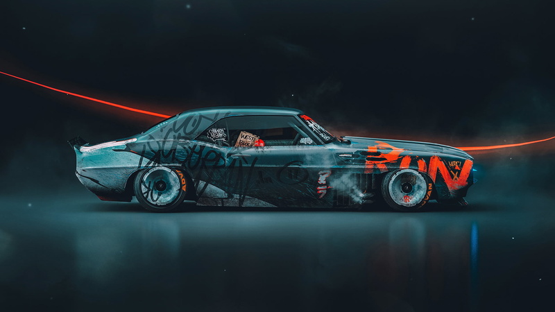 grafiti, 1080P, car, white, wreck, red, black, vehicle