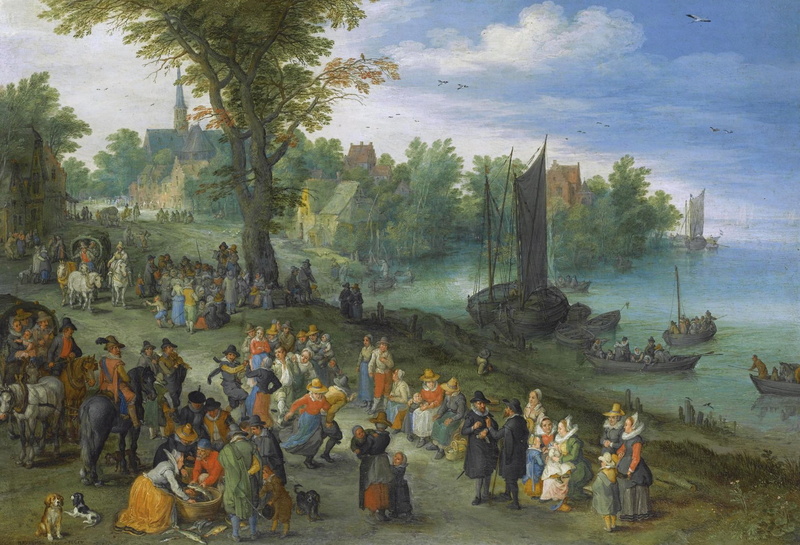 picture, 1080P, people, Jan Brueghel the elder, trade, landscape, Fish Market on the River
