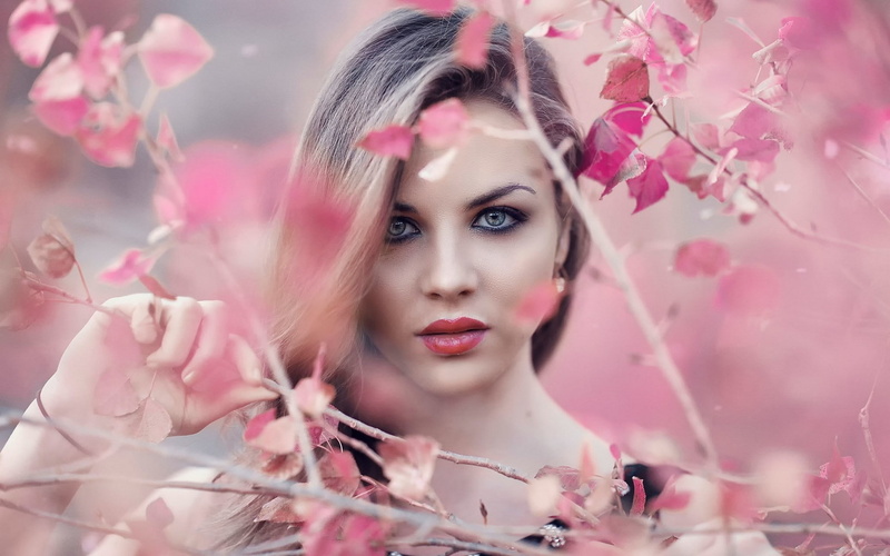 hair, front view, young adult, flowering plant, pink color, headshot, fashion, make-up, hairstyle, portrait, outdoors, women, 1080P, adult, beautiful woman