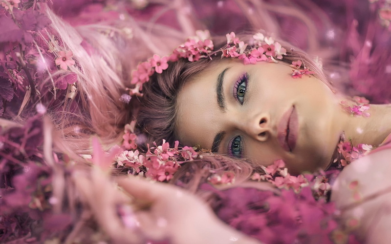 young women, freshness, adult, picture girl 1920x1200, flower, headshot, hairstyle, nature, cherry blossom, plant, hair, flowering plant, outdoors, lying down