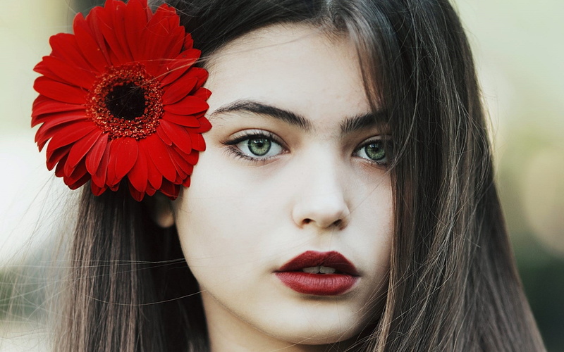 1080P, young women, red, beautiful people, looking at camera, lipstick, adult, human hair, human body part, make-up, flowering plant, women, portrait