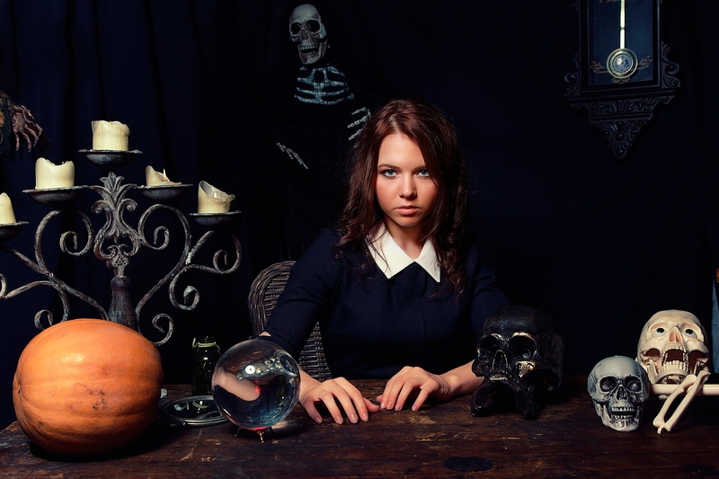 table, human skeleton, hairstyle, skeleton, looking at camera, females, Fortune Teller, contemplation, skull, front view, black color, human skull, 1080P