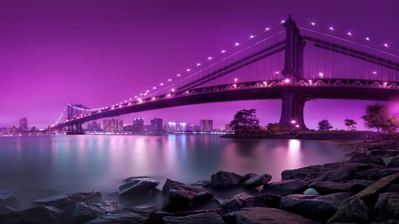 rocks, beautiful lights, trees, travel destinations, sky, illuminated, 1080P, purple, built structure, engineering, long exposure, water, reflection, cityscape