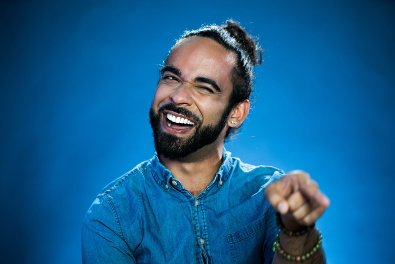 positive emotion, headshot, young, 4K, cheerful, colored background, Smile, young adult, photo, smiling, blue background, Portraits, one person, excitement