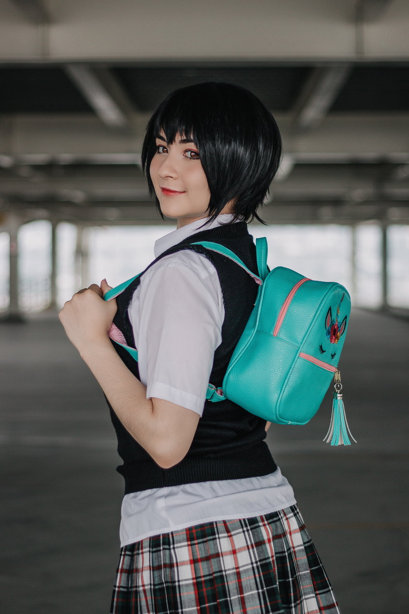 Cero Grey, backpacks, women, young woman, model, schoolgirl, short hair, cosplay, Peni Parker, parking lot, urban, 1080P