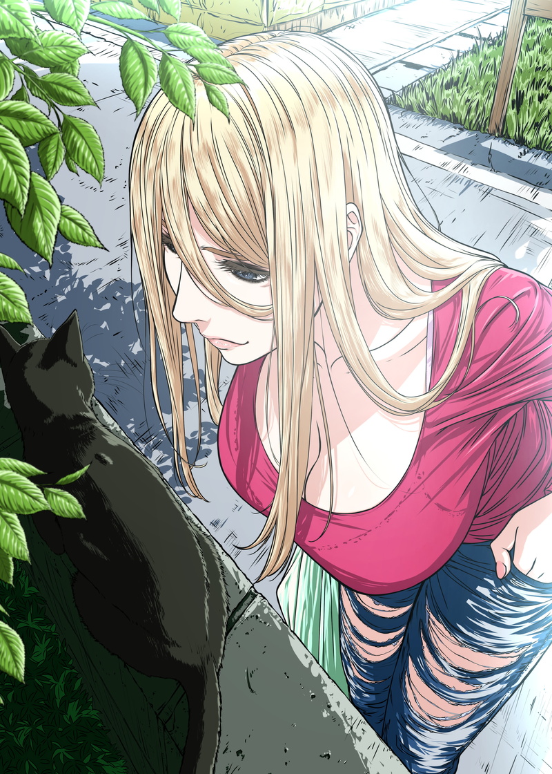 women with cat, blonde, portrait display, long hair, vertical, high angle, anime girls, T-shirt, cats, 2D, artwork, torn jeans, cleavage, digital art, jeans