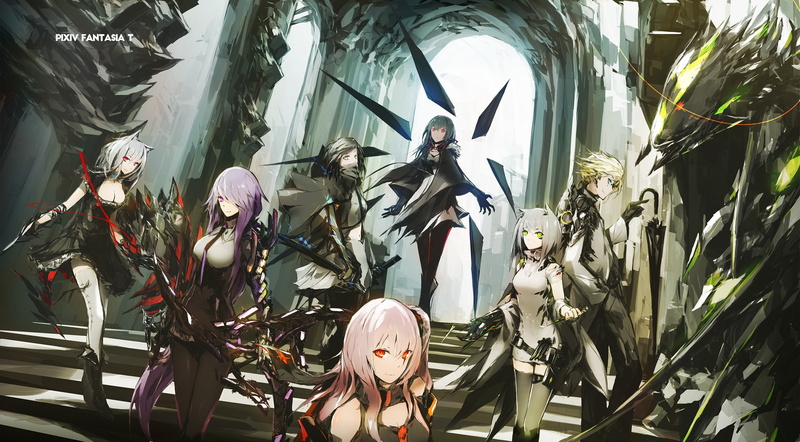 original characters, nekomimi, 1080P, long hair, neckties, anime, anime girls, Aina Field, Pixiv Fantasia T, stairs, weapon, thigh-highs, black dress
