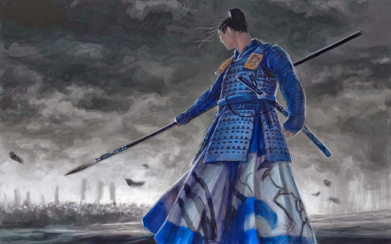blue, women, architecture, young adult, front view, nature, gray, 1080P, standing, weapon, real people, samurai, outdoors, battle, fantasy art, spear