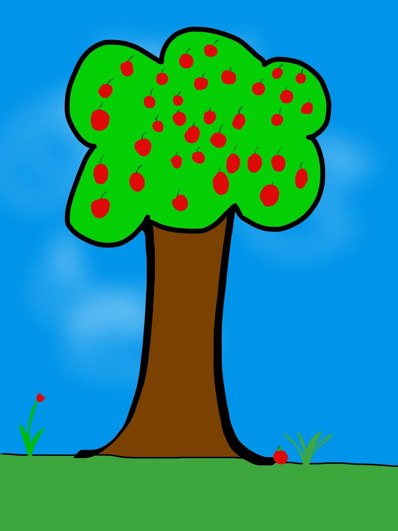 creativity, apple, close-up, cloud - sky, blue background, cartoon, plant, Tablet, sky, healthy eating, Picture, red, fruit, meadow, 1080P, Apple Tree