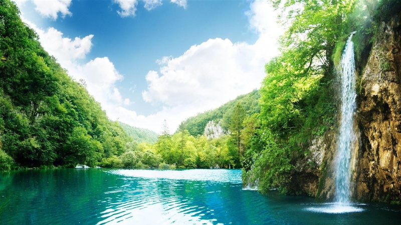 sky, non-urban scene, high ground forest, flowing water, rainforest, flowing, beauty in nature, scenics - nature, water, beautiful sky, tranquil scene
