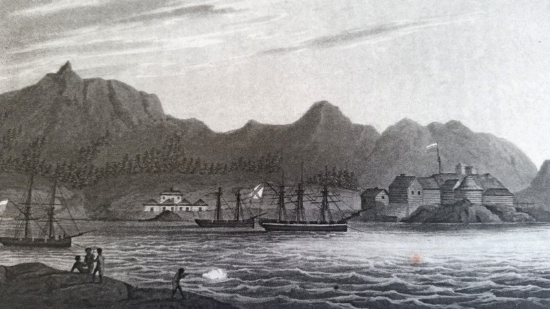 visual Art, spirituality, ancient civilization, built structure, water, Sitka, mountain range, nature, time, 1805, sitka, vintage, river, religion, day