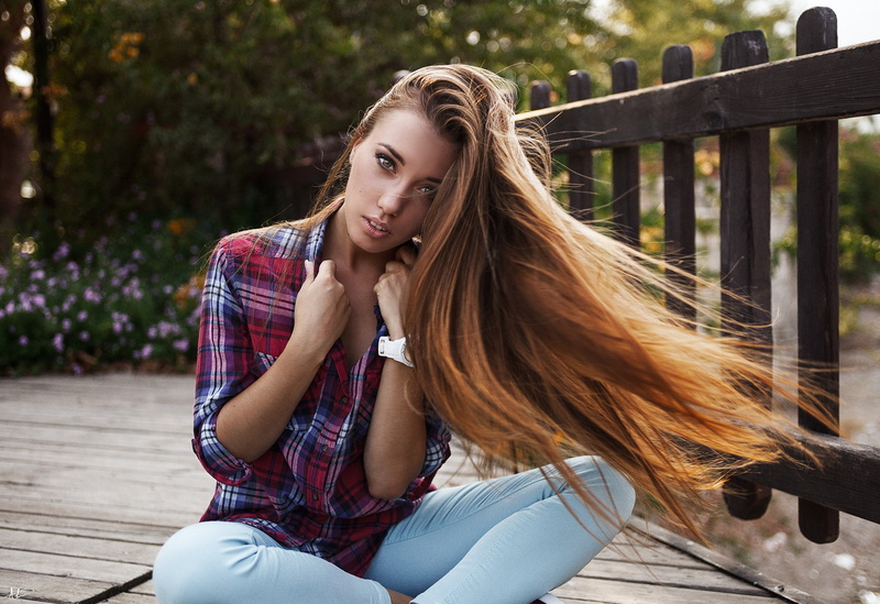 Kirill Averyanov, 1080P, sitting, wooden surface, women, plaid shirt, model, long hair, jeans