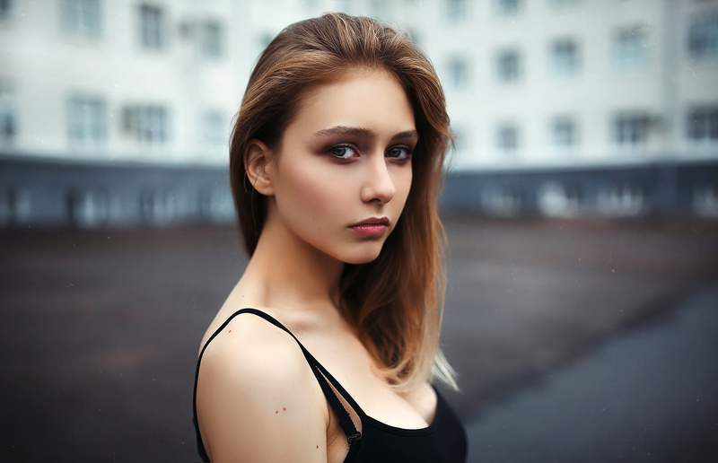 beauty, bokeh, brown hair, portrait, hairstyle, 1080P, Anastasia, in black, model, Kirill Averyanov, background, makeup, look