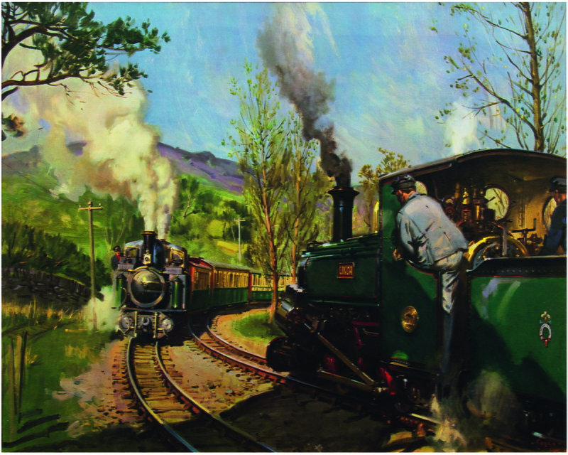 FFESTINIOG RAILWAY, the artist Terence Cuneo, oil, picture, «THE PASS TRACK, WALES», canvas, 4K