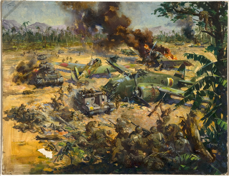 battle, 4K, shots, the airfield, oil, canvas, the artist Terence Cuneo, aircraft, soldiers, fire, picture, tanks