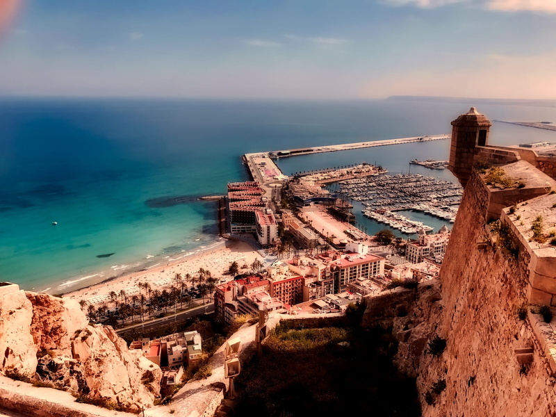 water, sea, attractions, built structure, seashore, no people, view, building exterior, coastal, damaged, old, alicante, horizon, spain, fortress, day
