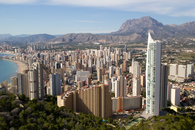 financial district, city, nature, places, alicante, high angle view, modern, mountain range, built structure, tall - high, autumn, beach, skyscraper, mountain