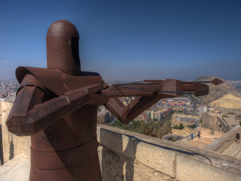 belief, religion, bronze, solid, sun, outdoors, Alicante, knight, Spain, metal, clear sky, holiday, sky, sea, architecture, sunny, Blue Sky, blue, heat