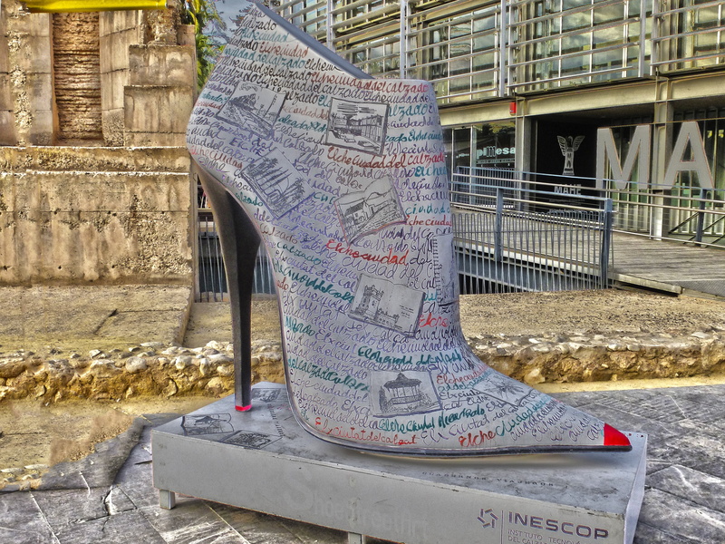 pump, shoes, wall, communication, built structure, heeled shoe, high heels, elche, architecture, city, statue, multicolored, no people, architectural column