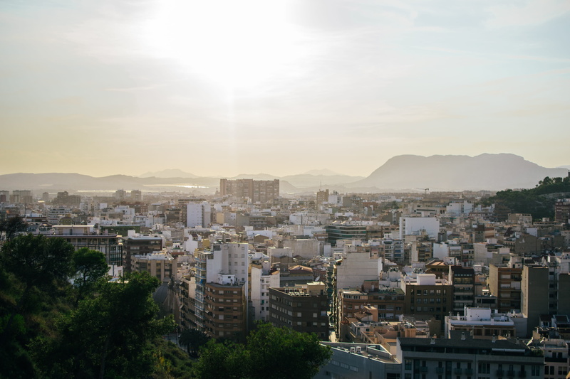 mist, building exterior, view, office building exterior, sunset, crowd, aerial, roof, spain, nature, high angle view, outdoors, townscape, apartment, crowded