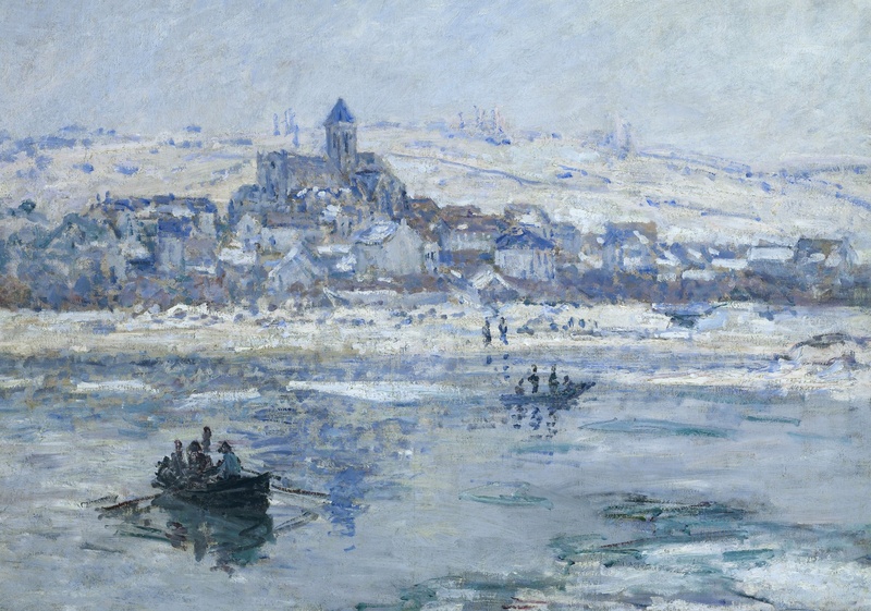 picture, 2K, landscape, boat, Vétheuil In Winter, river, Claude Monet