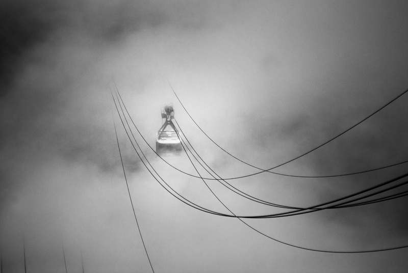 thrill, day, fuel and power generation, animal themes, outdoors, journey, cable, telephone line, animal, bird, cloud, water, fog, lift, low angle view