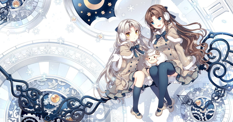 long, yellow, skirt, braids, nardack, hair, 1080P, thighhighs, brown, girls, ribbons, blue, eyes, kneehighs, white, original