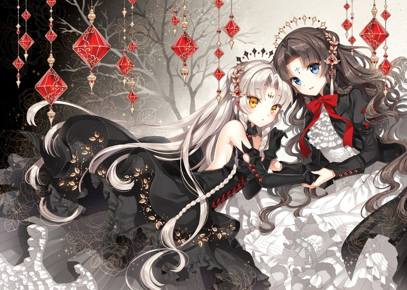 braids, dress, nardack, black, original, elbow, gray, blue, hair, yellow, long, bow, eyes, 720P, gloves, blush, girls