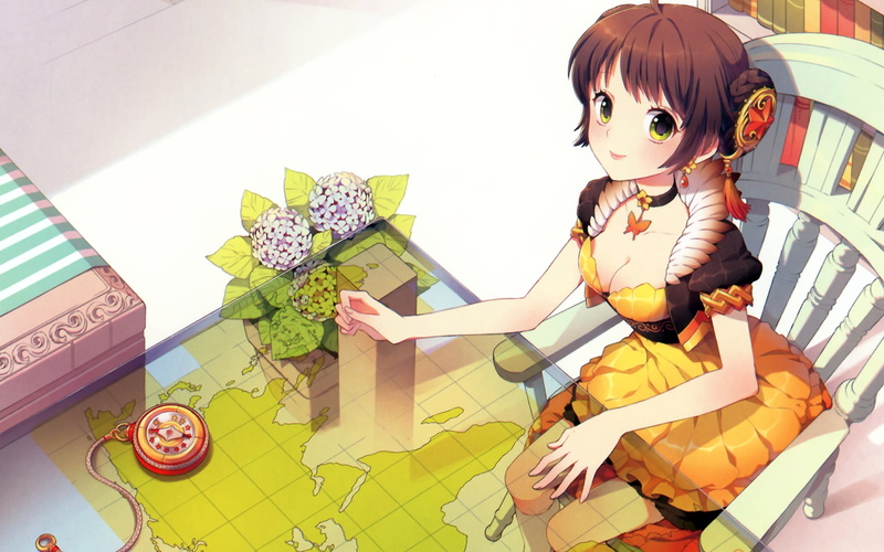 1080P, original, short, dress, flowers, eyes, cleavage, leaves, nardack, green, choker, scan, hair, brown