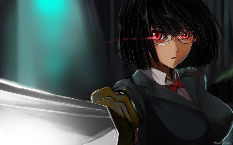 art, anime, durarara, red eyes, meganekko, red, 1080P, weapons, Durarara!!, hd, glasses, eyes, Sonohara Anri, black, anri, girls, hair, people, swords