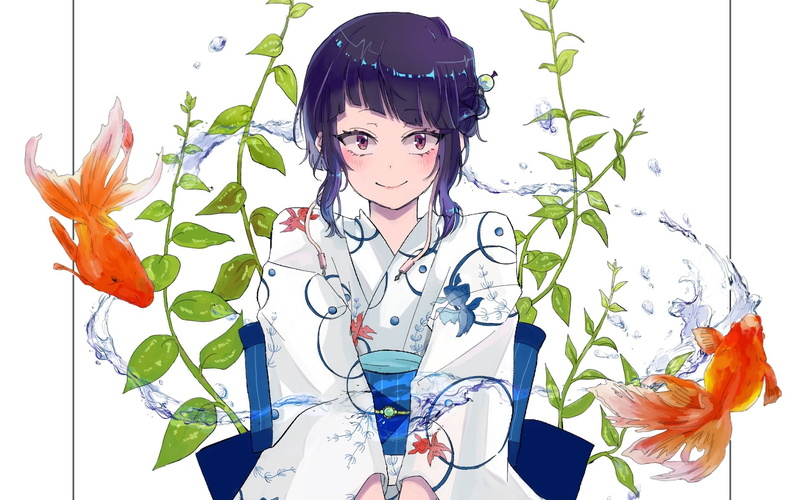 1080P, Kyouka Jirou, My Hero Academia, Smile, Kimono, Blush, Boku no Hero Academia, Girl, Belt, Purple Hair, Water, Pink Eyes, Anime