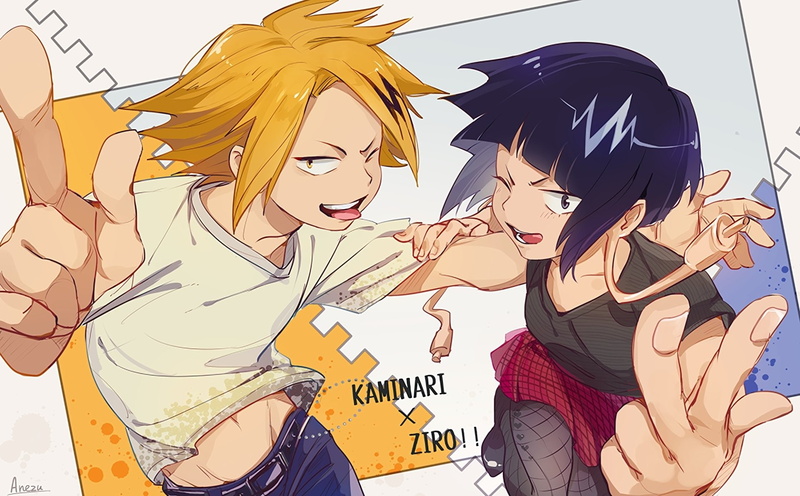 Boku no Hero Academia, Peace Sign, Anime, Skirt, Purple Eyes, Belt, 1080P, My Hero Academia, Kyouka Jirou, Fishnet, Smile, Purple Hair, Yellow Eyes, Denki Kaminari
