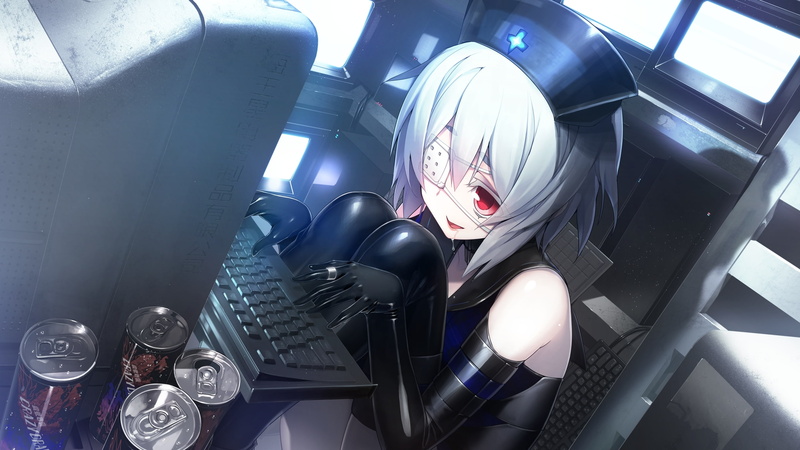 land vehicle, representation, Anime, eyepatch, mode of transportation, computer, white hair, 2K, high angle view, transportation, silver colored, technology